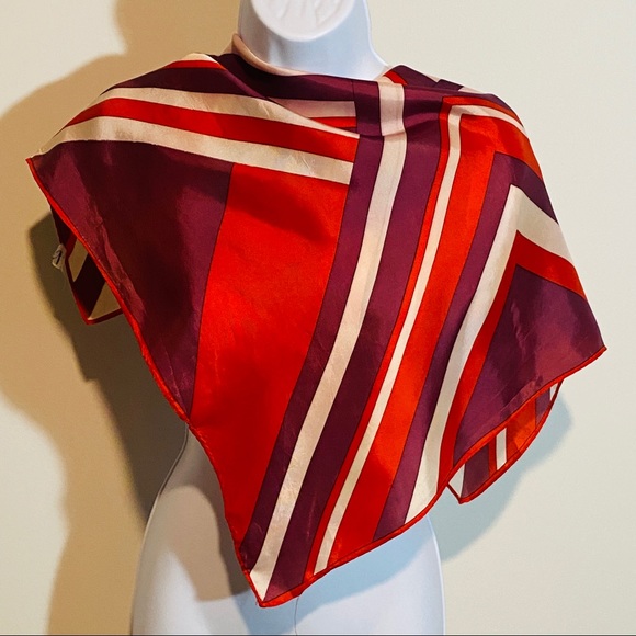 Vintage Red Purple White Asymmetrical Line Print Square Scarf - Picture 5 of 12